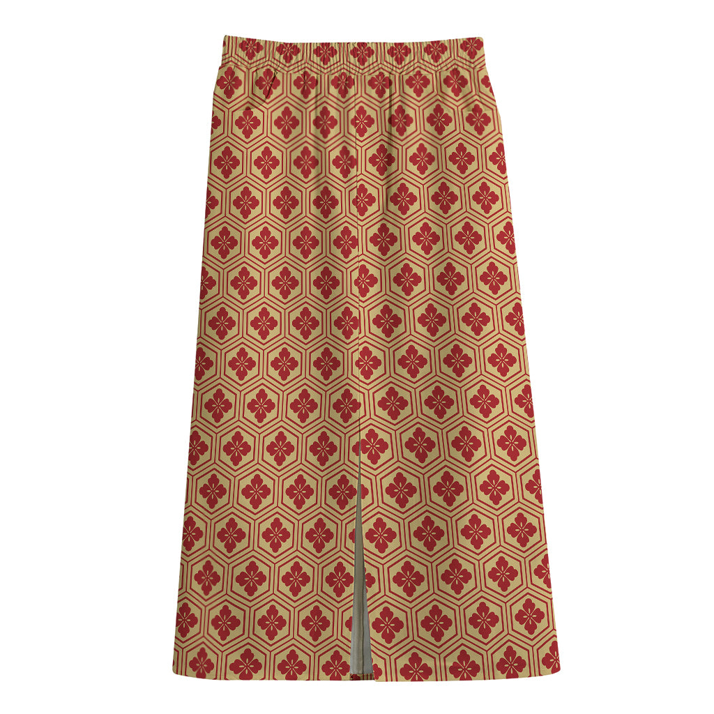 Red Japanese Flower Pattern Print Cotton Front Slit Maxi Skirt