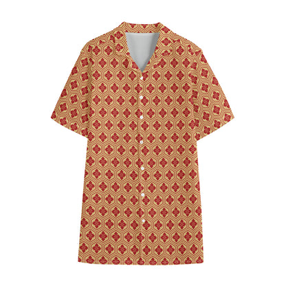 Red Japanese Flower Pattern Print Cotton Hawaiian Shirt