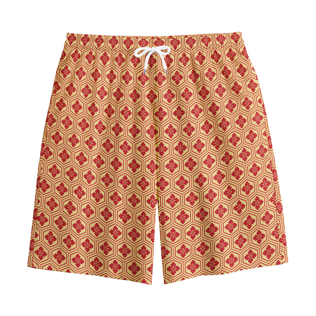 Red Japanese Flower Pattern Print Cotton Shorts