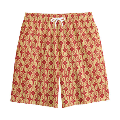 Red Japanese Flower Pattern Print Cotton Shorts