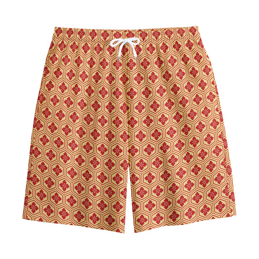 Red Japanese Flower Pattern Print Cotton Shorts