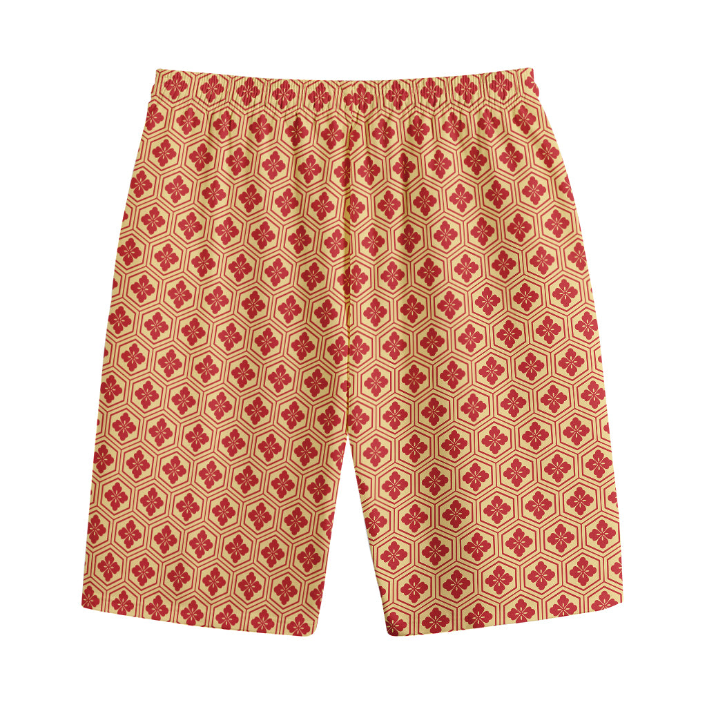 Red Japanese Flower Pattern Print Cotton Shorts