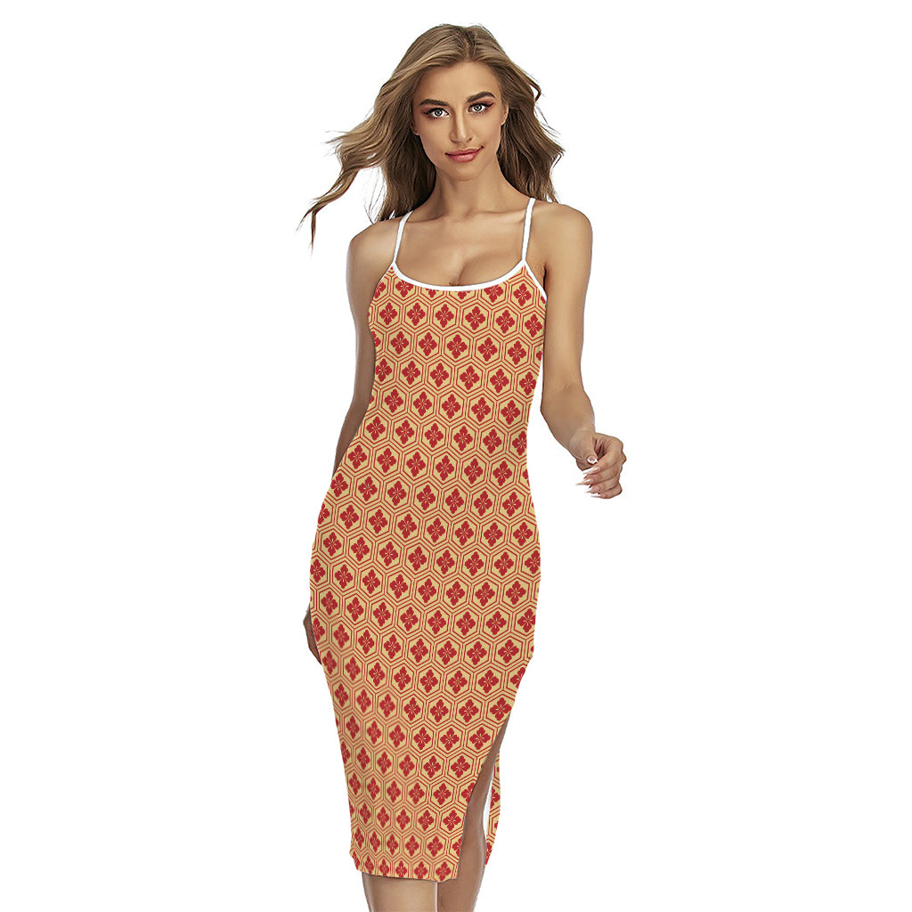 Red Japanese Flower Pattern Print Cross Back Cami Dress