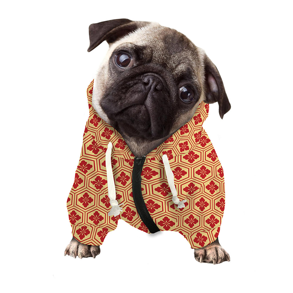 Red Japanese Flower Pattern Print Dog Zip Up Hoodie
