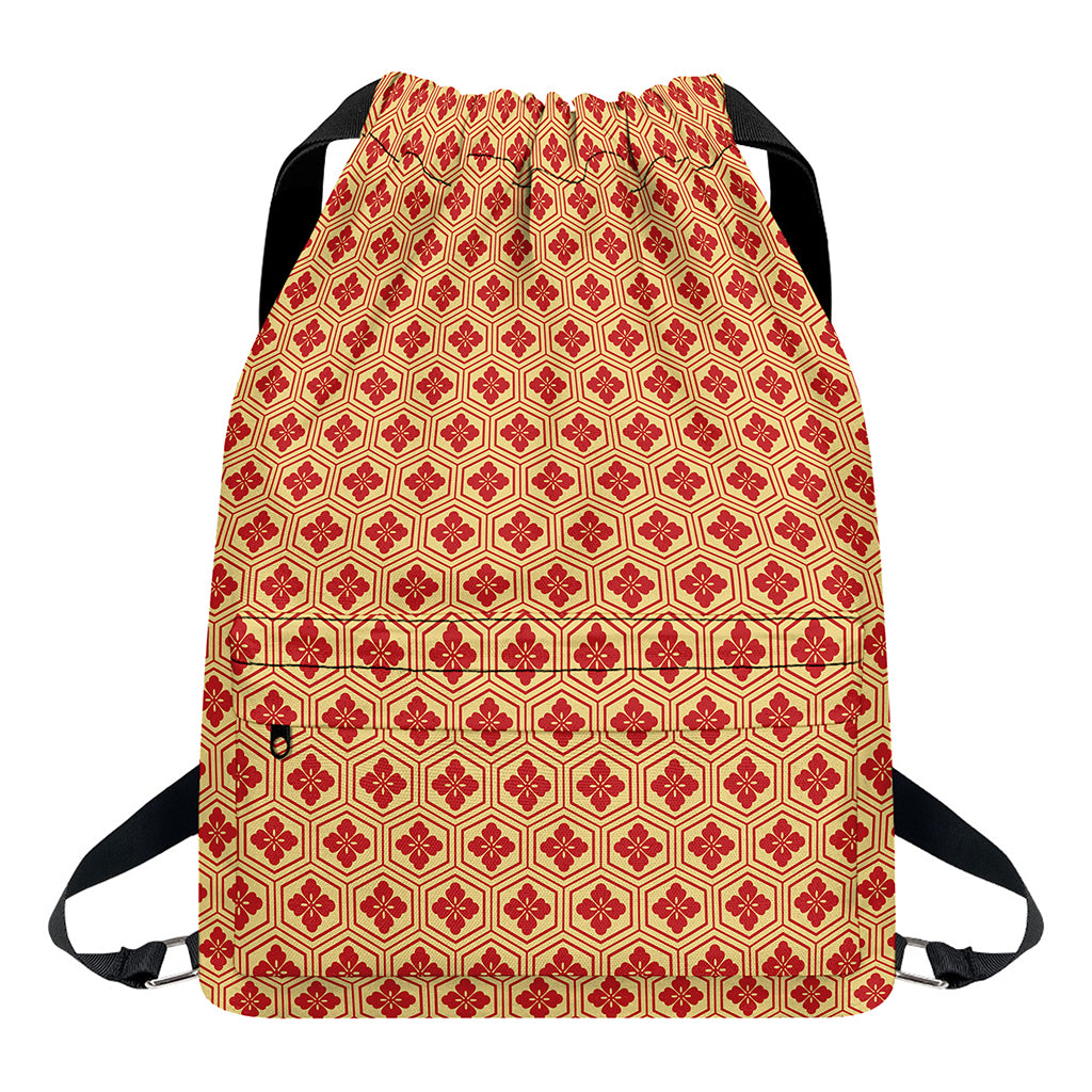 Red Japanese Flower Pattern Print Drawstring Backpack