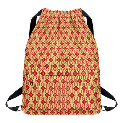 Red Japanese Flower Pattern Print Drawstring Backpack