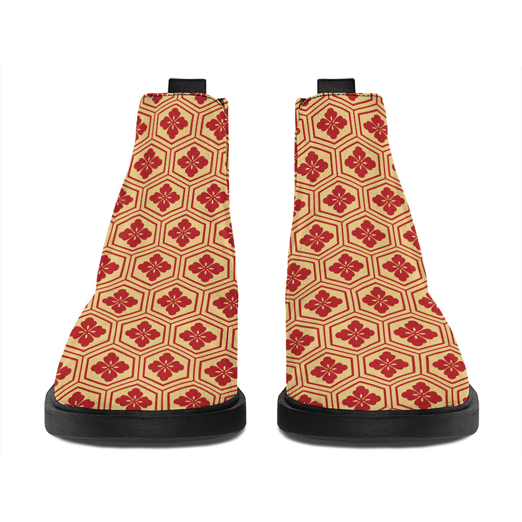 Red Japanese Flower Pattern Print Flat Ankle Boots