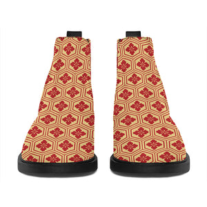 Red Japanese Flower Pattern Print Flat Ankle Boots