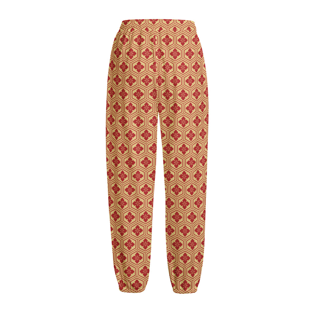 Red Japanese Flower Pattern Print Fleece Lined Knit Pants