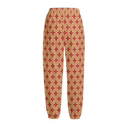 Red Japanese Flower Pattern Print Fleece Lined Knit Pants