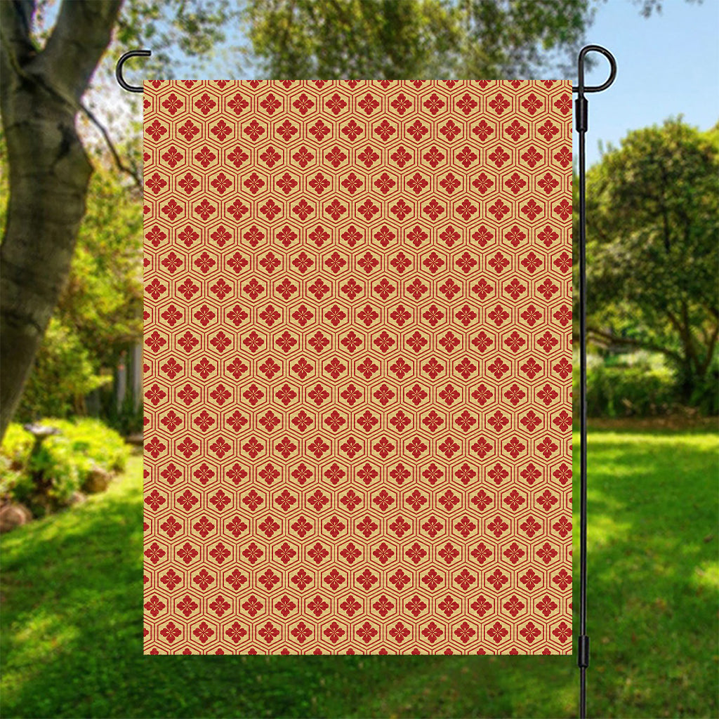Red Japanese Flower Pattern Print Garden Flag