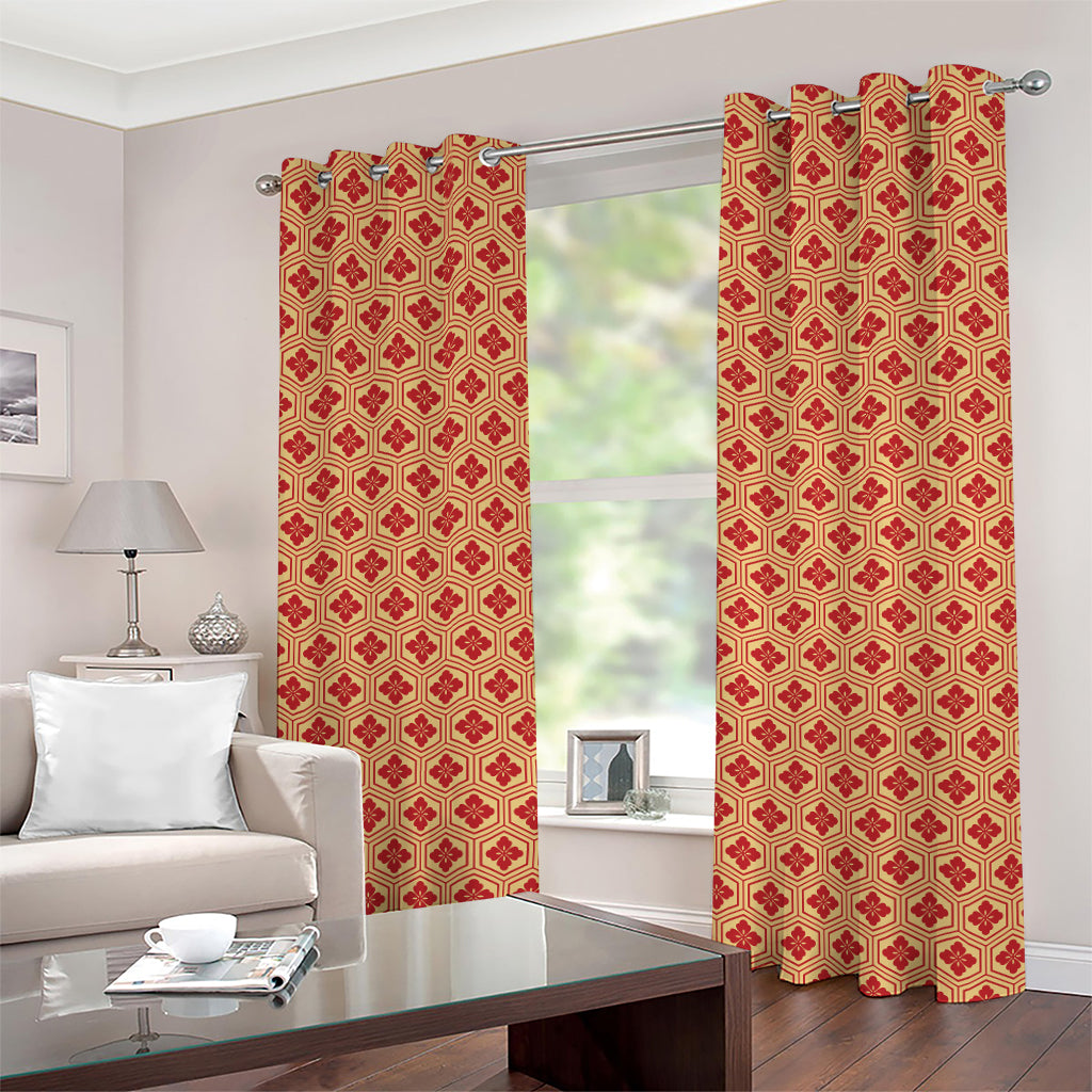 Red Japanese Flower Pattern Print Grommet Curtains