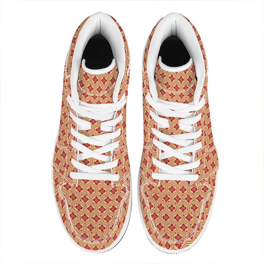 Red Japanese Flower Pattern Print High Top Leather Sneakers