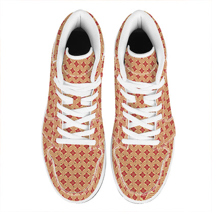 Red Japanese Flower Pattern Print High Top Leather Sneakers