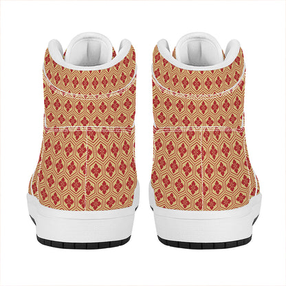 Red Japanese Flower Pattern Print High Top Leather Sneakers
