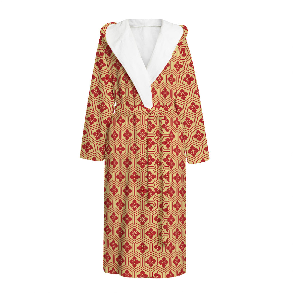 Red Japanese Flower Pattern Print Hooded Bathrobe