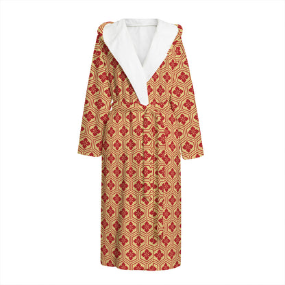 Red Japanese Flower Pattern Print Hooded Bathrobe