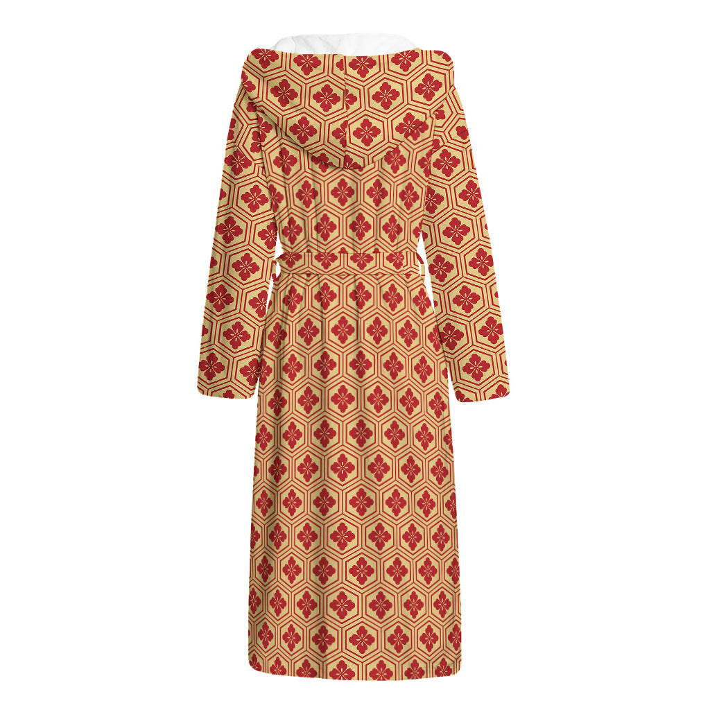 Red Japanese Flower Pattern Print Hooded Bathrobe
