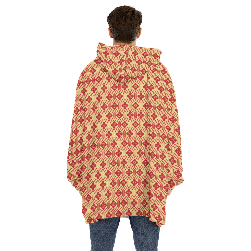 Red Japanese Flower Pattern Print Hoodie Blanket