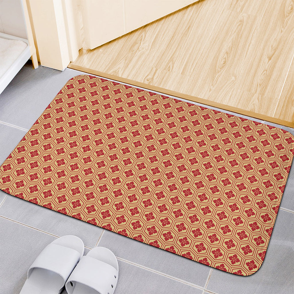 Red Japanese Flower Pattern Print Indoor Door Mat