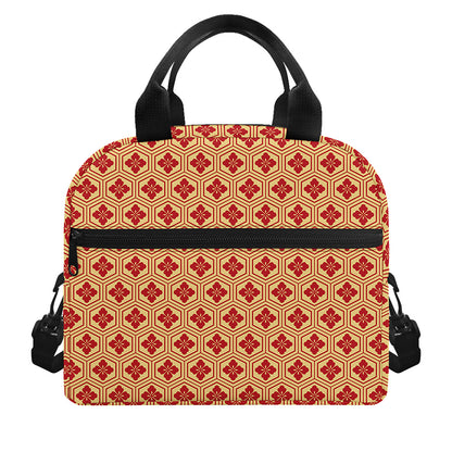 Red Japanese Flower Pattern Print Insulated Lunch Bag