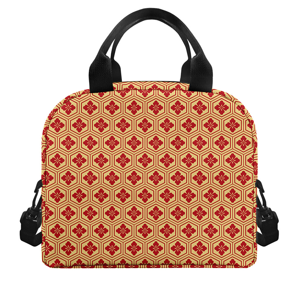 Red Japanese Flower Pattern Print Insulated Lunch Bag
