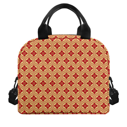 Red Japanese Flower Pattern Print Insulated Lunch Bag