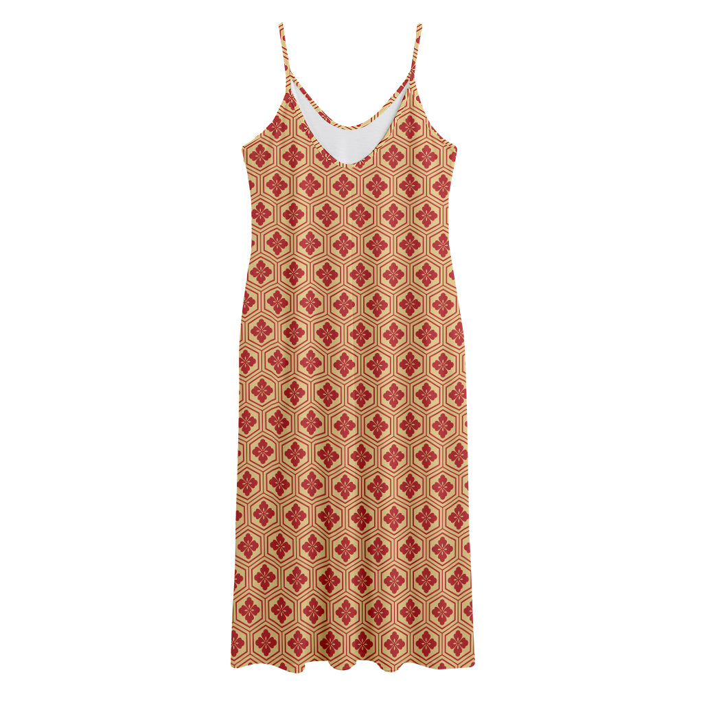Red Japanese Flower Pattern Print Jersey Midi Cami Dress