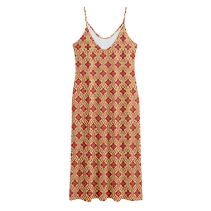 Red Japanese Flower Pattern Print Jersey Midi Cami Dress
