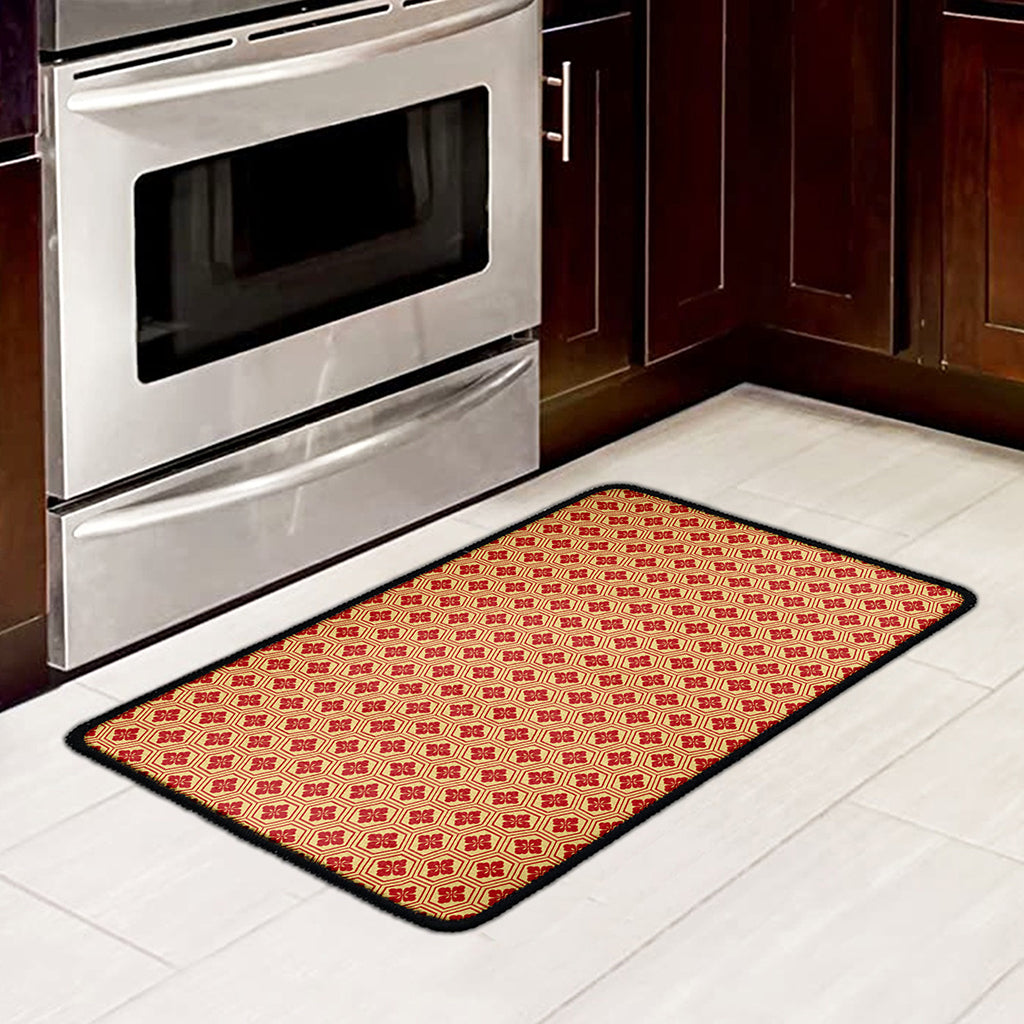 Red Japanese Flower Pattern Print Kitchen Mat