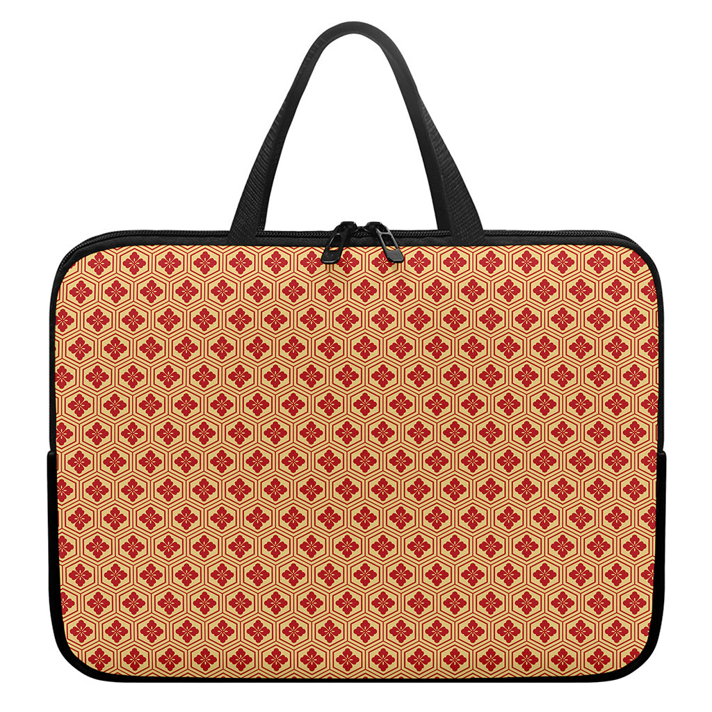 Red Japanese Flower Pattern Print Laptop Sleeve With Handle