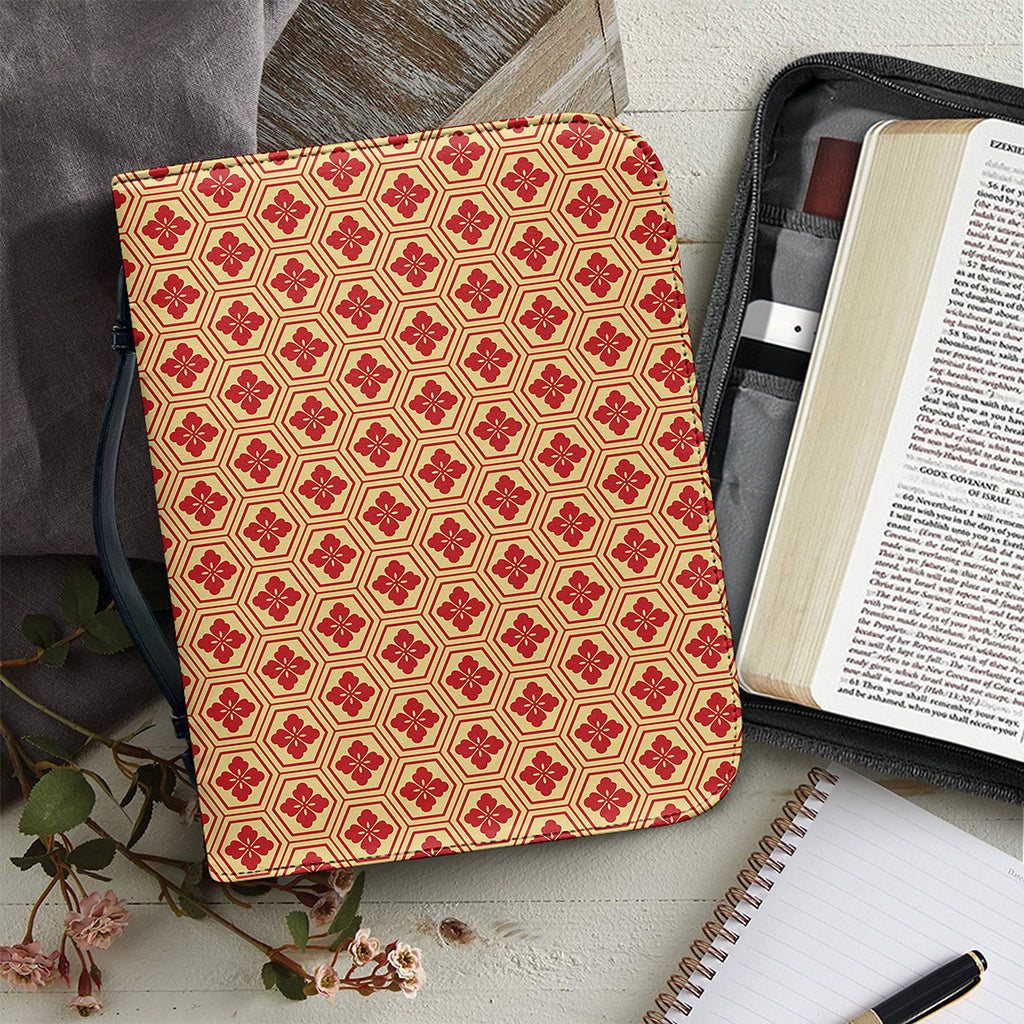 Red Japanese Flower Pattern Print Leather Bible Cover