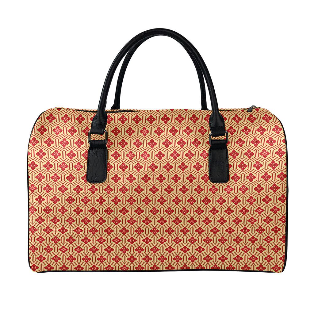 Red Japanese Flower Pattern Print Leather Duffle Bag