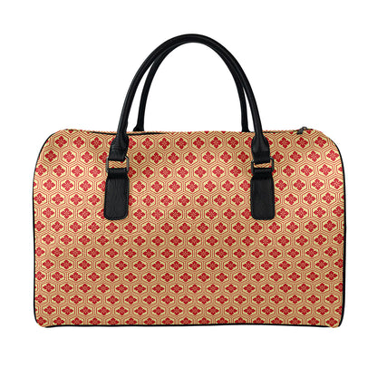 Red Japanese Flower Pattern Print Leather Duffle Bag