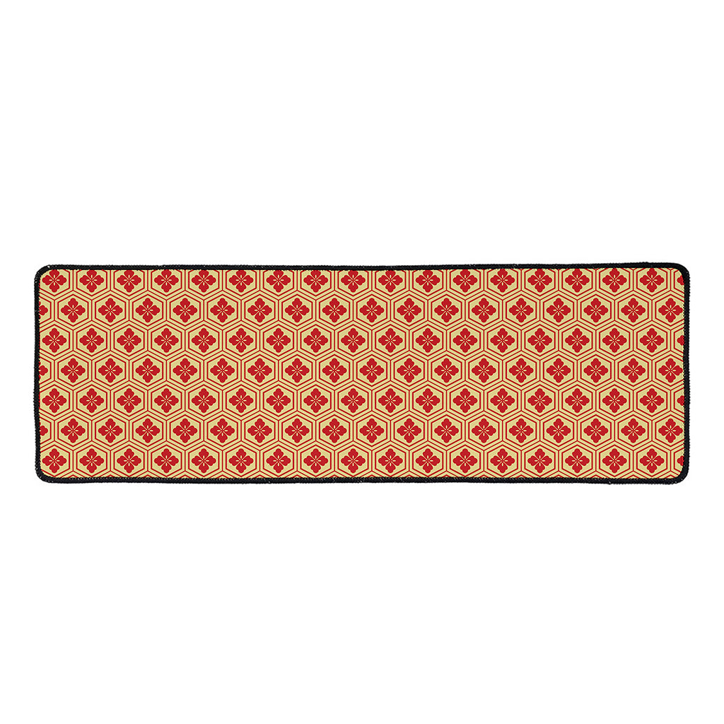 Red Japanese Flower Pattern Print Long Kitchen Mat