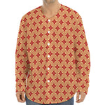 Red Japanese Flower Pattern Print Long Sleeve Baseball Jersey