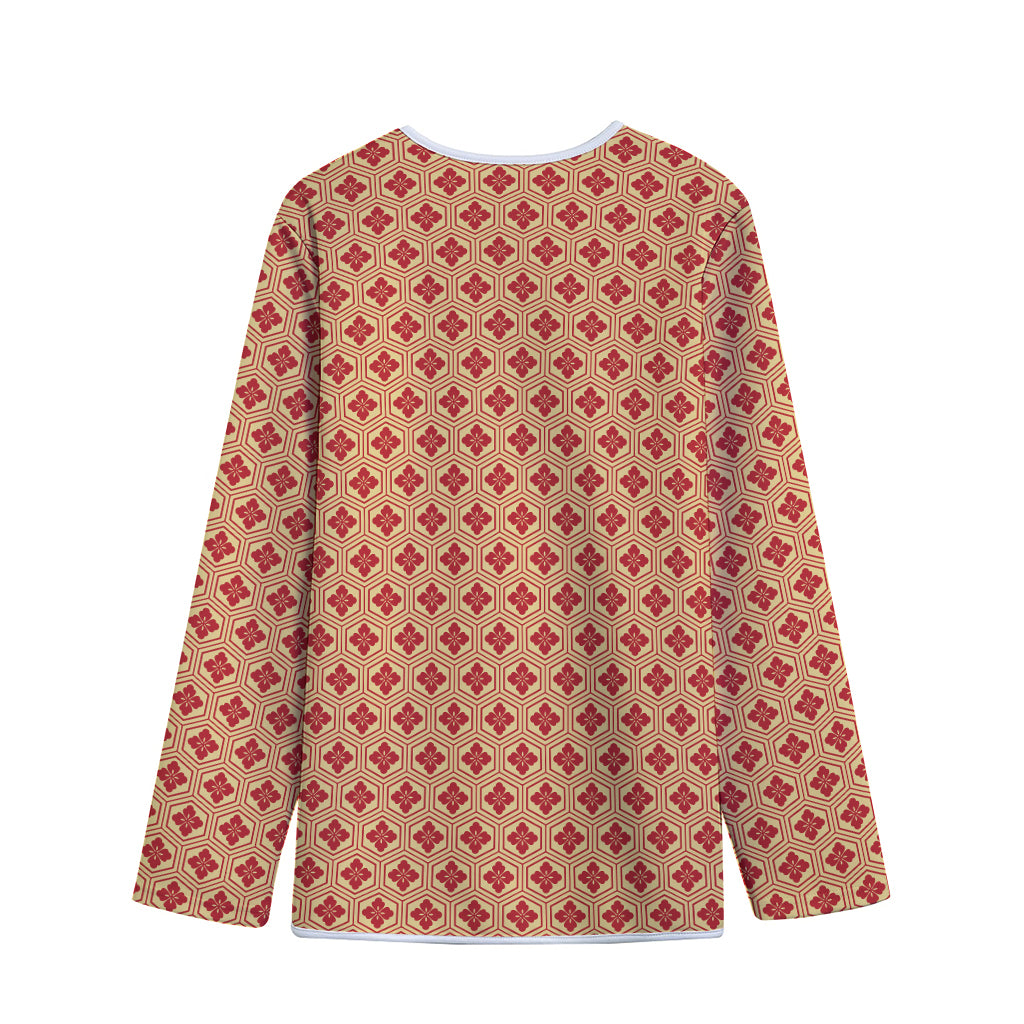 Red Japanese Flower Pattern Print Long Sleeve Short Coat