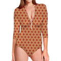 Red Japanese Flower Pattern Print Long Sleeve Swimsuit