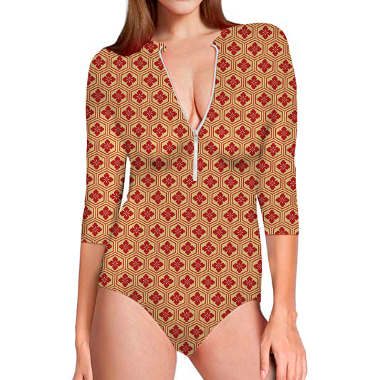 Red Japanese Flower Pattern Print Long Sleeve Swimsuit