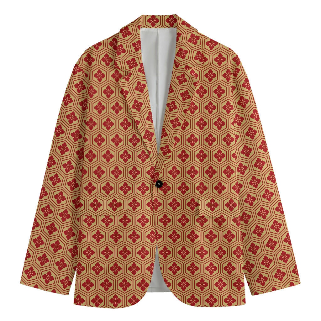 Red Japanese Flower Pattern Print Men's Blazer