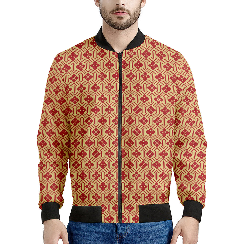 Red Japanese Flower Pattern Print Men's Bomber Jacket