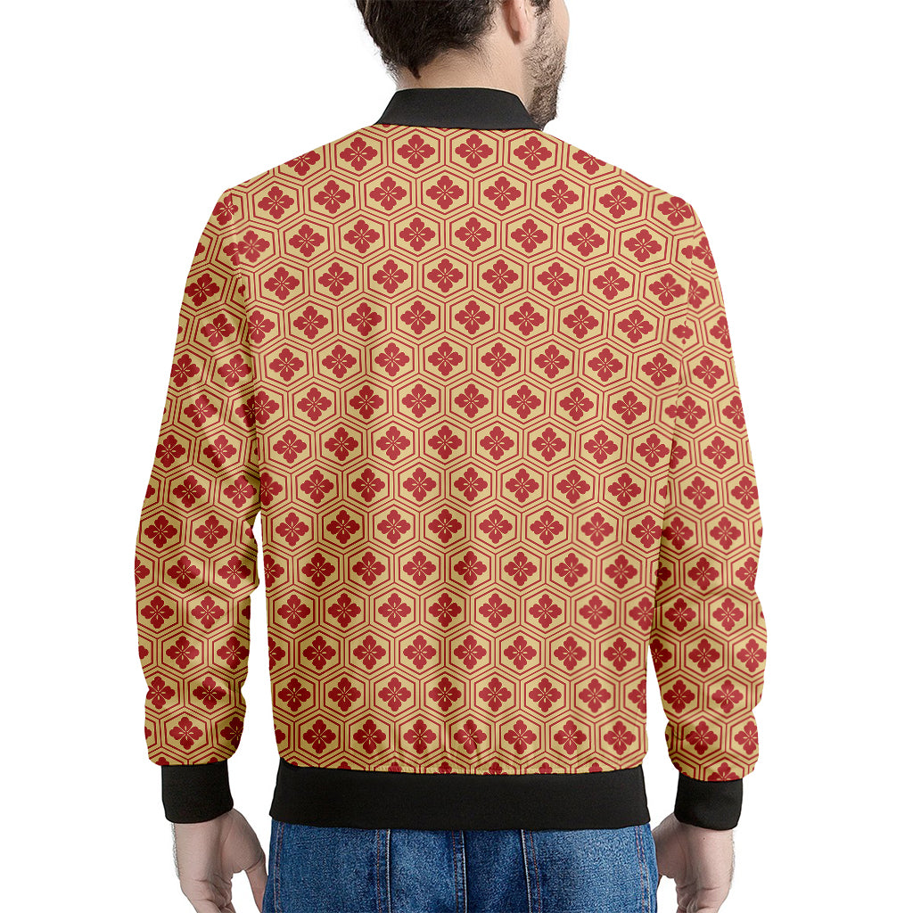 Red Japanese Flower Pattern Print Men's Bomber Jacket