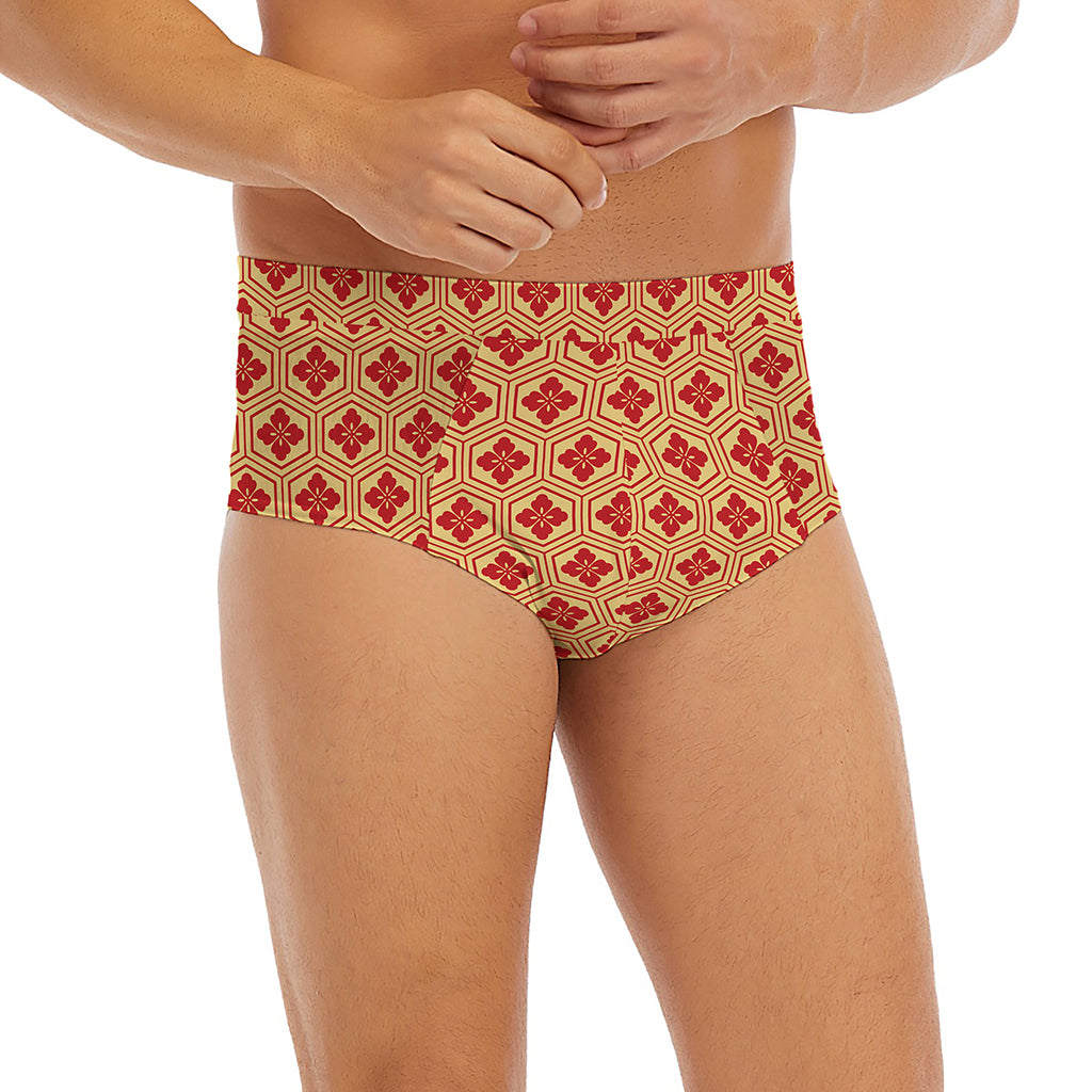 Red Japanese Flower Pattern Print Men's Briefs