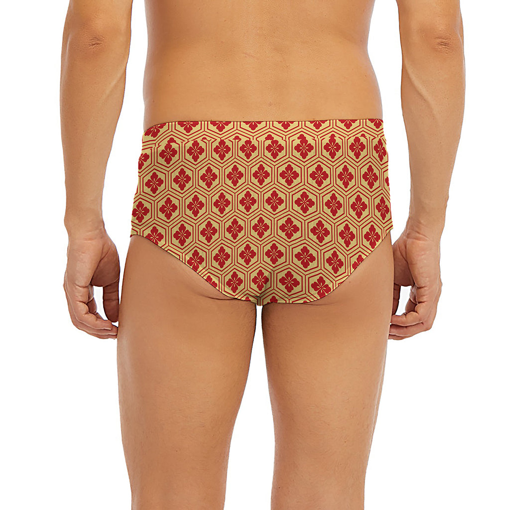 Red Japanese Flower Pattern Print Men's Briefs