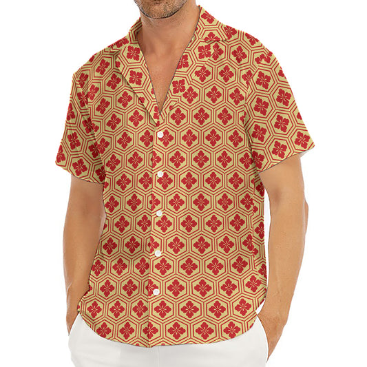Red Japanese Flower Pattern Print Men's Deep V-Neck Shirt