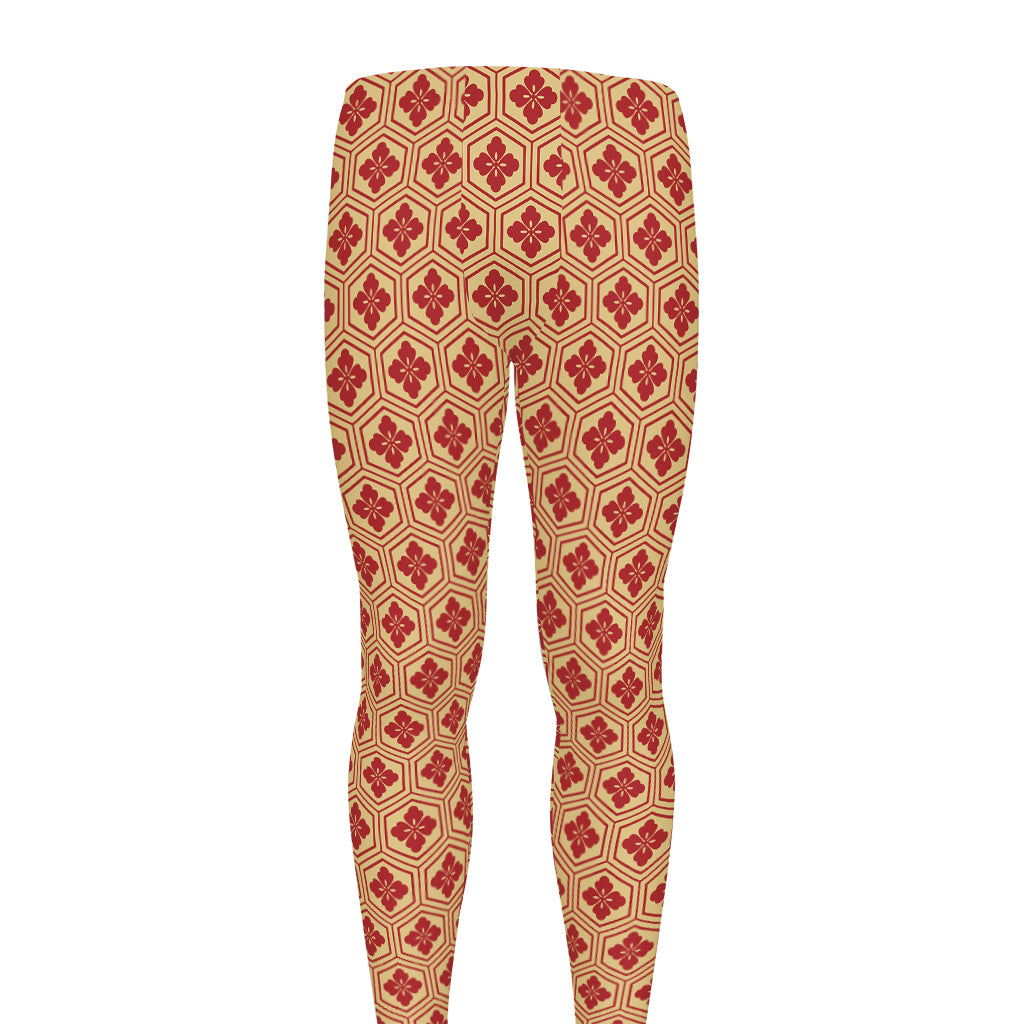 Red Japanese Flower Pattern Print Men's leggings