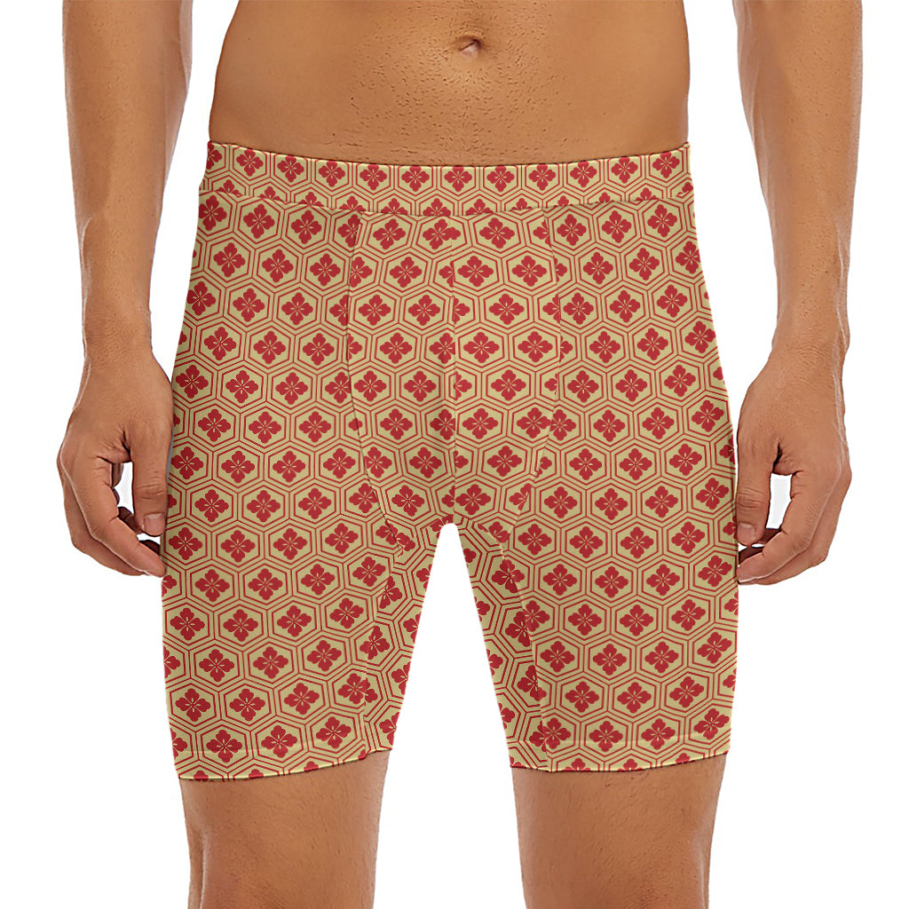 Red Japanese Flower Pattern Print Men's Long Boxer Briefs