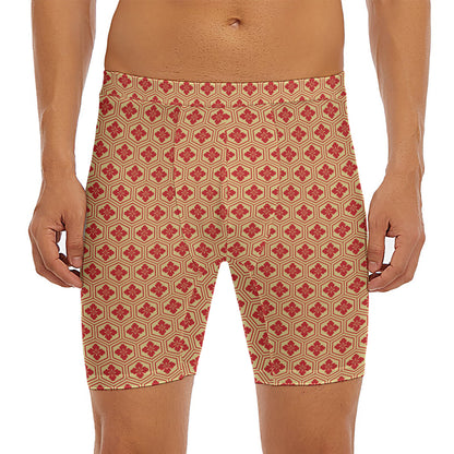 Red Japanese Flower Pattern Print Men's Long Boxer Briefs