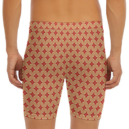 Red Japanese Flower Pattern Print Men's Long Boxer Briefs