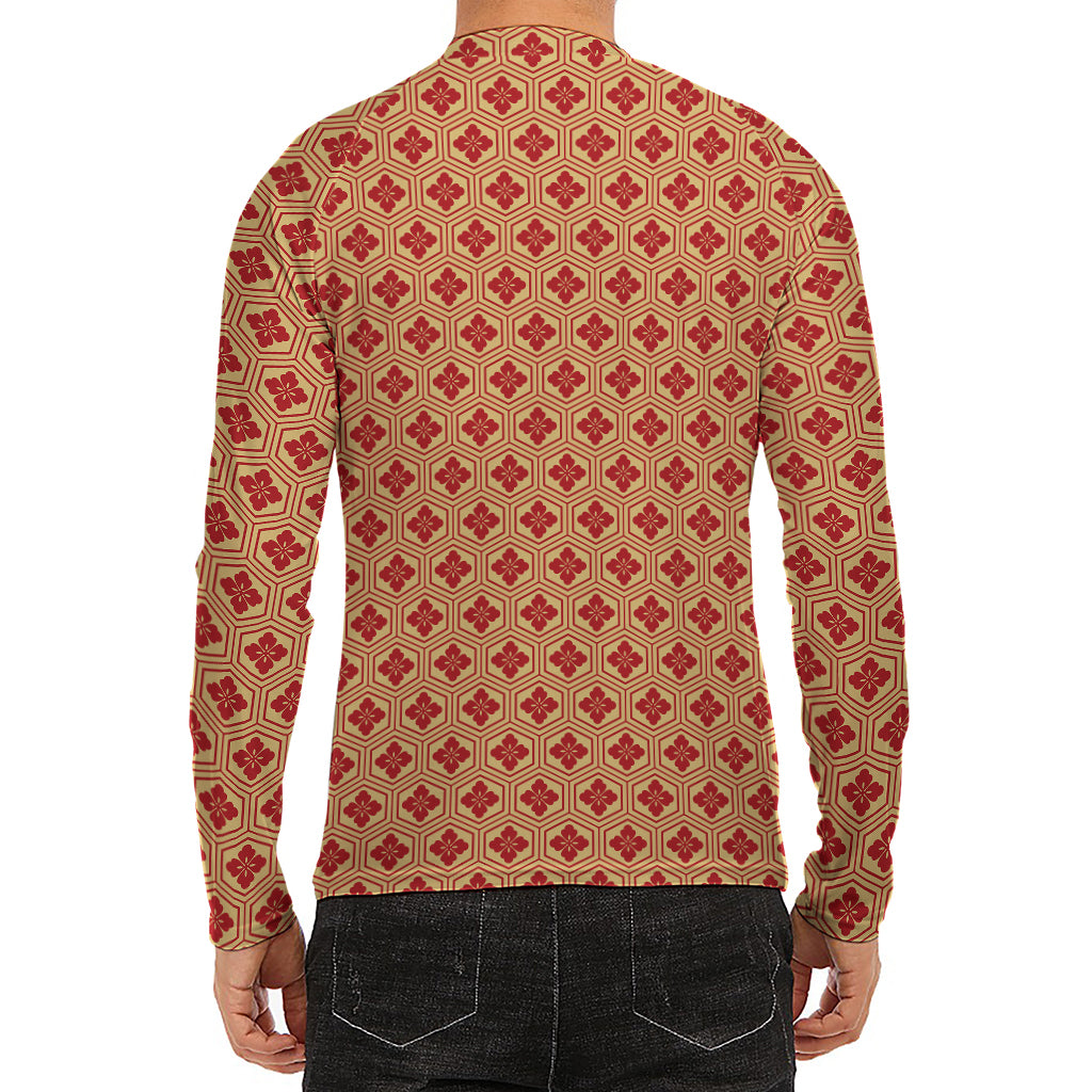 Red Japanese Flower Pattern Print Men's Long Sleeve Rash Guard